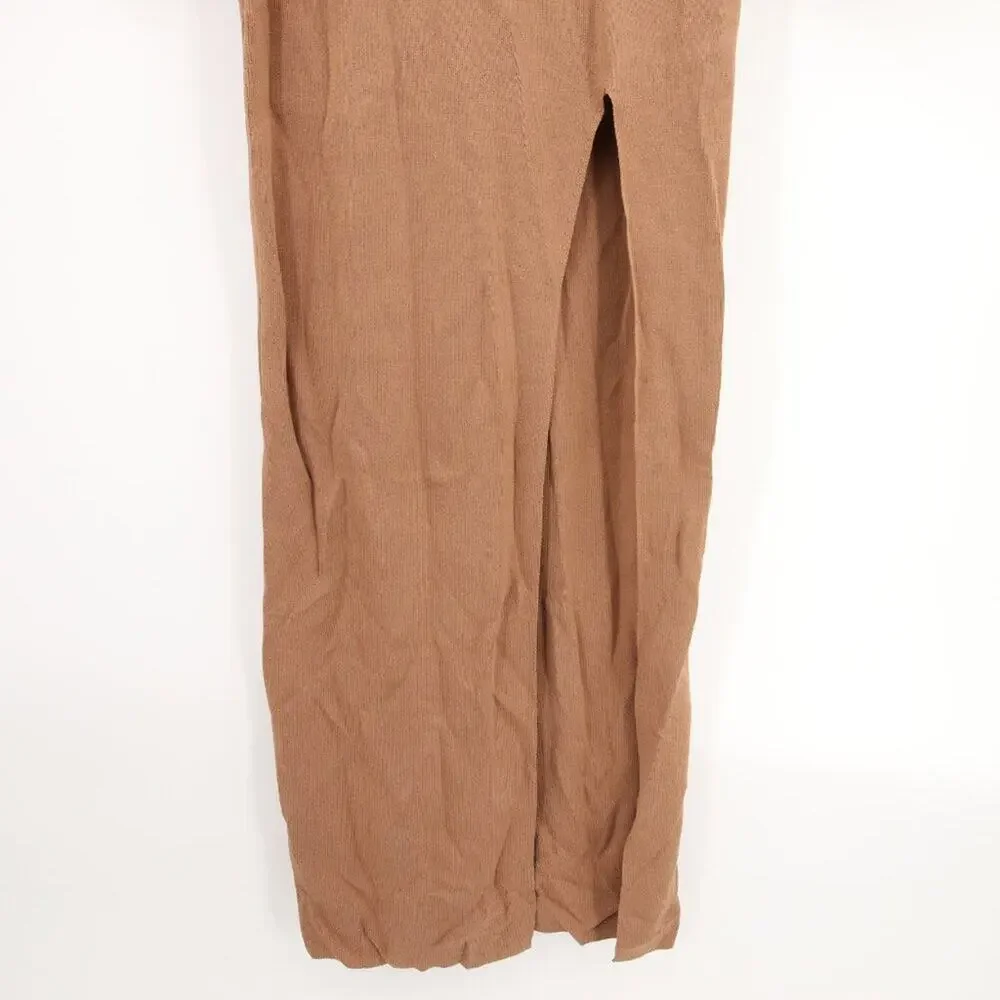 House of CB London Maxi Dress Tan Nude Ribbed Long Sleeve Slit Scoop Neck Large - Picture 4 of 11